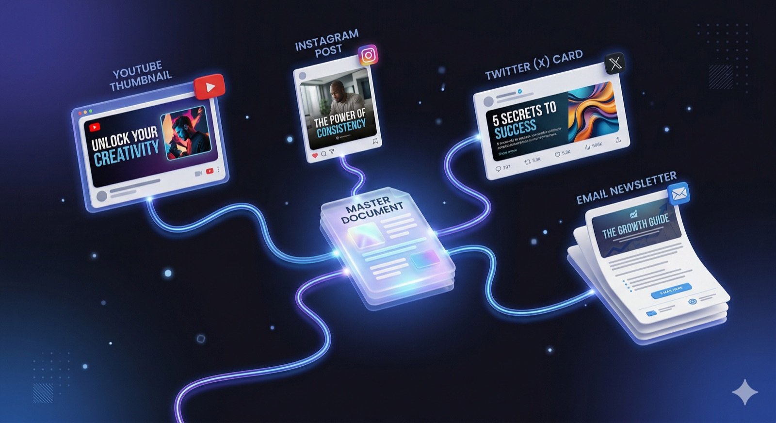 One master document repurposed across YouTube, Instagram, Twitter, and email